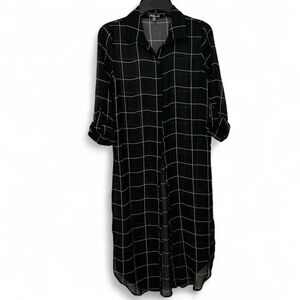 Black & White Maxi Shirt Dress Womens S Checkered Sheer Button Down Edgy Casual